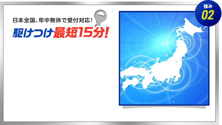 強み02　日本全国年中無休で受付対応！　駆けつけ最短15分！
